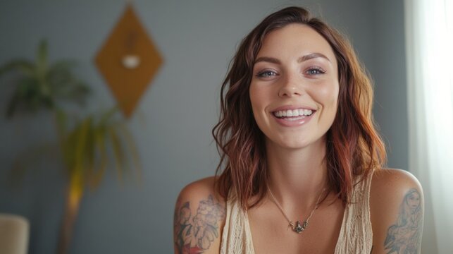 A transgender woman post-facial feminization surgery, radiant smile, celebrating her journey, supportive environment