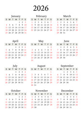 2026 Yearly Calendar Vector Vertical, Sunday Start, Clean Design, Printable Template