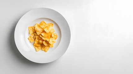 A plate of crispy potato chips on a white background