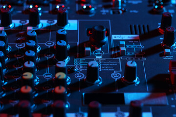 Professional mixing console, closeup. Radio studio equipment