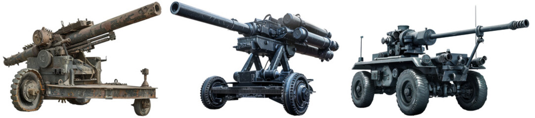 Fototapeta premium Mobile Wheeled Anti-Aircraft Big War Gun Isolated on PNG Collection with Transparent Background