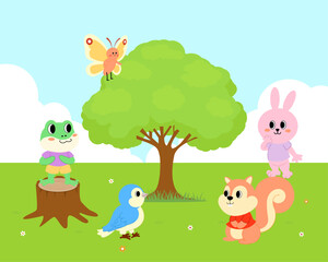 Naklejka premium 귀여운 만화 숲속 동물 친구 일러스트