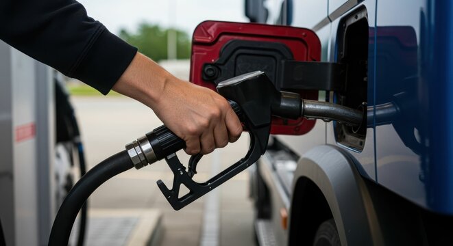 Person refueling vehicle at gas station with fuel pump nozzle in hand
