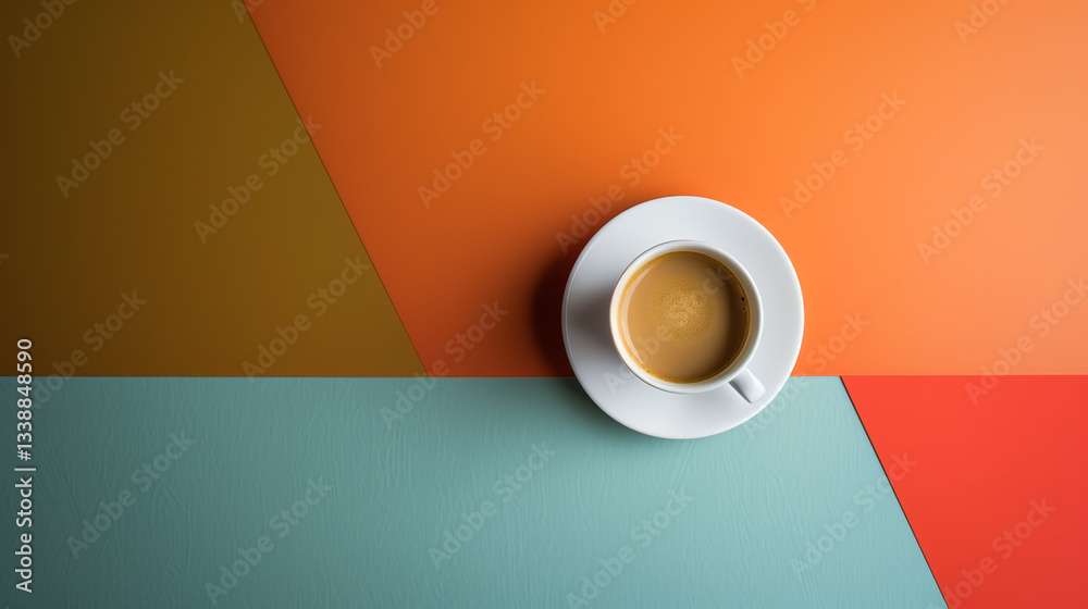 Aufkleber Minimalistic background copy space with cup and plate. Mug on colored background. Minimalistic geometric forms table copy space.