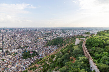 A breathtaking view of Jaipur city as seen from Nahargarh Fort, Rajasthan, India, offering a stunning blend of historical charm and urban landscape.