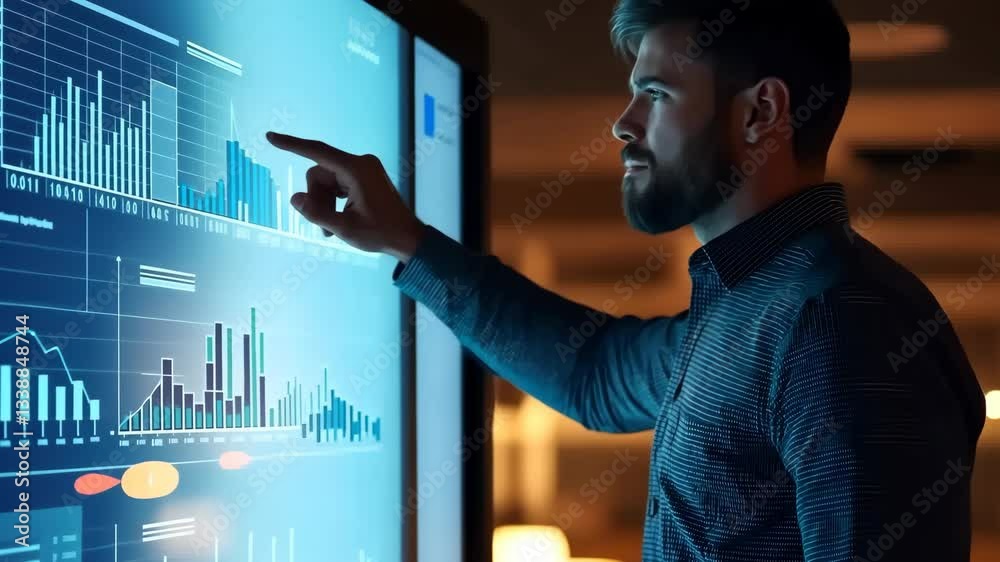 Poster In the modern workspace, a businessman analyzes interactive graphs on a touchscreen, showcasing how advanced technology aids in datadriven decisions to enhance business strategies