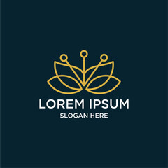 Elegant Gold Line Art Lotus Logo Design On Dark Blue Background