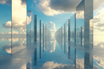 Mirrored pillars reflecting sky on water surface view