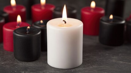 A white candle shines among dark ones.