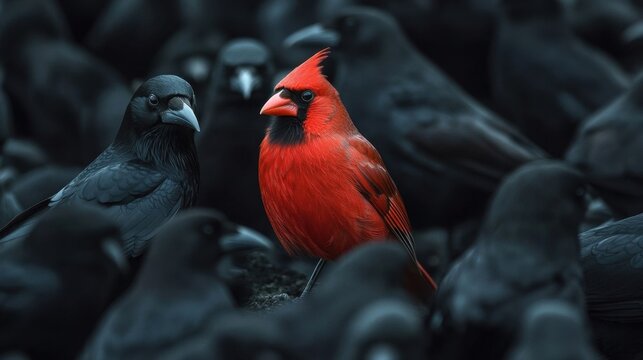 A red cardinal stands out in a flock.