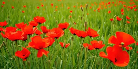 Vibrant red poppy flowers in a lush green field, wildflower photography, beauty