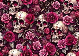 Pink Maroon Skulls Roses Abstract Floral Gothic Print Fabric Textile Design