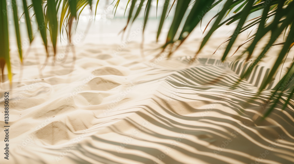 Poster sand on beach background with palm leaves and palm shadows with sunlight copy space. beach copy spac