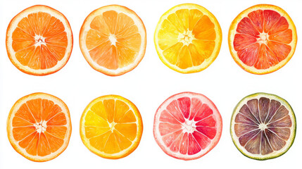 Fototapeta premium Set of multiple Vibrant Citrus Fruit Slices Illustrations, Oranges and Limes