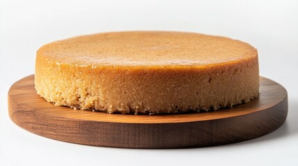 Rich and Smooth Round Cake on Wooden Board with Light Background