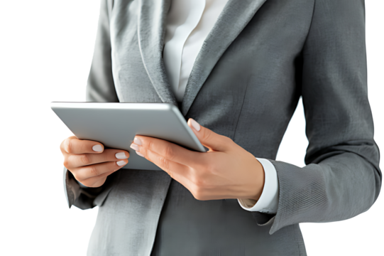 Middle aged business leaders women and men standing isolated on white using digital tablet. Smiling professional business executives looking at tab.