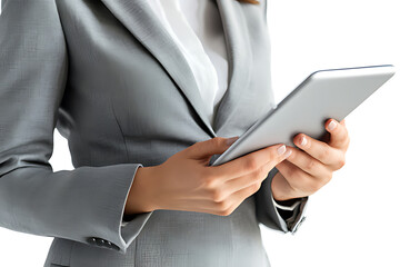 Middle aged business leaders women and men standing isolated on white using digital tablet. Smiling professional business executives looking at tab.