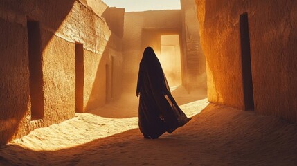 woman in abaya walking through city