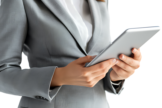 Middle aged business leaders women and men standing isolated on white using digital tablet. Smiling professional business executives looking at tab.