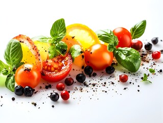 A vibrant and appetizing arrangement of fresh tomatoes, basil, and assorted berries with spices is artfully displayed on a white background.