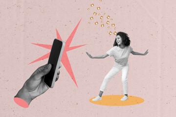 Naklejka premium Poster metaphor collage of girl moving dancing looking on cell gadget with like icons