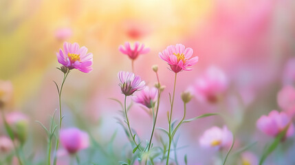 A beautiful spring flower meadow. Magical nature background blossom. Perfect for cosmetics, spa, perfume, beauty salon, florist shop, health care product, homeopathy, aromatherapy