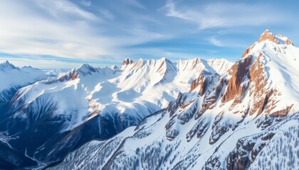 Obraz premium Snow-capped Mountain Range Under Blue Sky Aerial View Landscape Nature