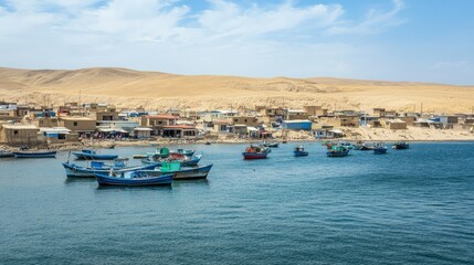 Tranquil Coastal Scene with Colorful Fishing Boats and Desert Background