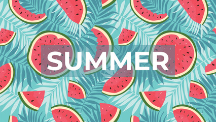 Abstract Background With Watermelons and Palm Leaves. Summer Banner in flat style. Vector