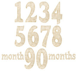 Watercolor illustration set with beige numbers and months. Isolated on white background. Hand drawn clipart. Perfect for card, postcard, tags, invitation, printing, wrapping.