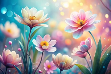 Fototapeta premium Pastel Watercolor Flower Panoramic, Soft Focus Floral Illustration, Spring Blossom Background