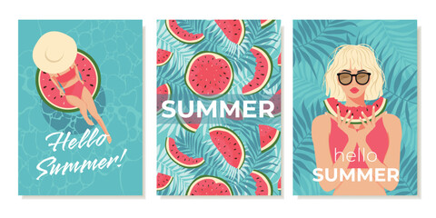 Retro Summer Posters with Watermelon Theme. Illustrations of Young Girls in Swimsuits. Vector templates for postcards, advertising flyers