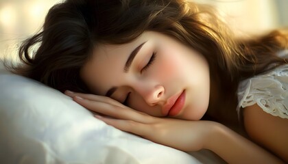 Obraz premium Serene Young Woman Resting Peacefully on Soft Pillow