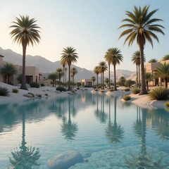 Obraz premium Serene Desert Oasis with Crystal Blue Water Surrounded by Exotic Palm Trees