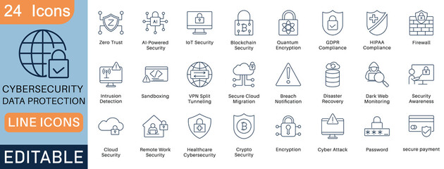 A set of 24 cybersecurity line icons, including encryption, firewall, VPN, cloud security, and data protection. Perfect for tech, IT security, network safety, and online privacy projects.
