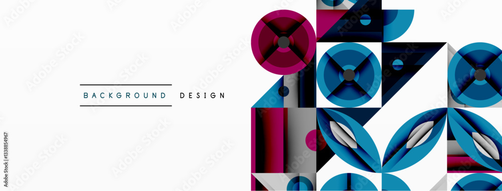 Poster Geometric abstract composition with intersecting shapes, circles, triangles, and gradients, blending vibrant colors and dynamic contrasts to create a modern, futuristic visual design