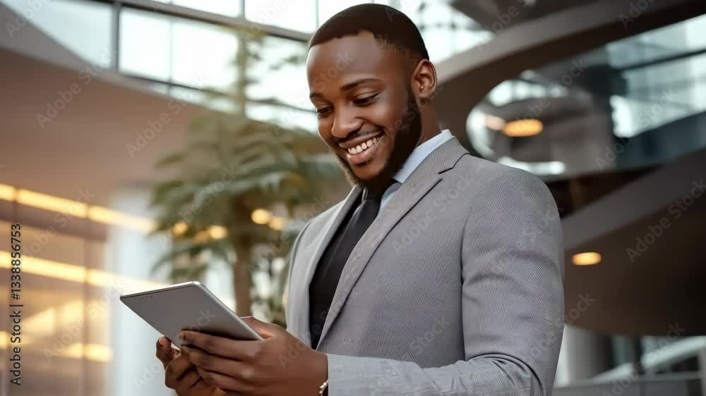 Poster a confident businessman smiles in a modern office, skillfully using a tablet to demonstrate how inno