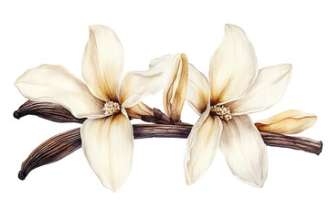 Watercolor botanical illustration of vanilla flowers on isolated white background. Hand drawn tropical flora, spice sweets.
