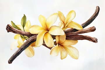 Watercolor botanical illustration of vanilla flowers on isolated white background. Hand drawn tropical flora, spice sweets.