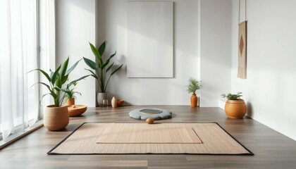 Minimalist Yoga Room with Plants and Meditation Area for Relaxation and Calmness