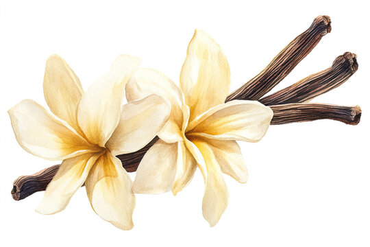 Watercolor botanical illustration of vanilla flowers on isolated white background. Hand drawn tropical flora, spice sweets.