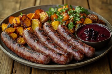 A gourmet BBQ platter of smoked venison sausages, served with a side of juniper berry sauce and roasted root vegetables, on a vintage wooden table.