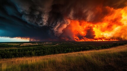 Dramatic Sunset Over Wildfire in a Forest Landscape