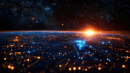 Naklejka premium A planet with a bright orange sun and a blue sky