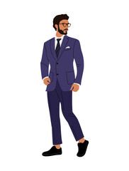 Obraz premium Businessman character in formal or black tie outfit. Stylish handsome bearded guy wearing formal suit and glasses. Hand drawn vector realistic illustration isolated on white background.