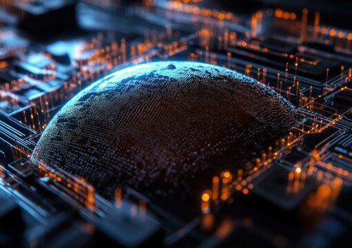 A computerized image of the Earth with a glowing blue and orange background