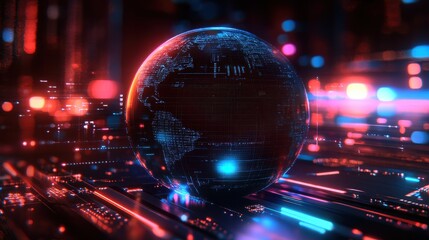 A glowing globe with a blue and red background