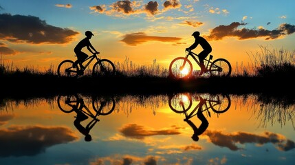 Obraz premium Silhouettes of cyclists at sunset reflected in a pond