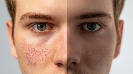 Fototapeta premium Half face showing acne and clear skin.