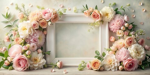 Pastel Floral Frame, Blank Space, Elegant Floral Border,  Wedding Invitation Design,  Floral Background